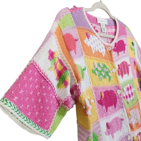 Susan Bristol Womens Vintage Patchwork Pig Knit Cardigan Size Large Pink Farm - Picture 3 of 11